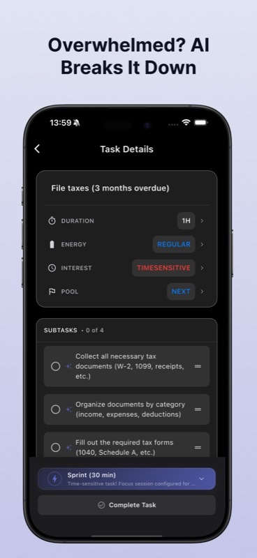 MindFlow ADHD planner main interface showing three-pool task organization